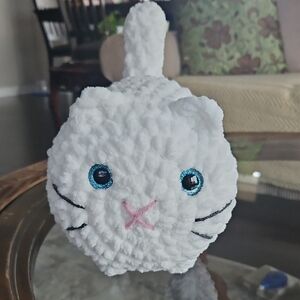 White Plush Cat with Blue Eyes - Handmade - Crochet